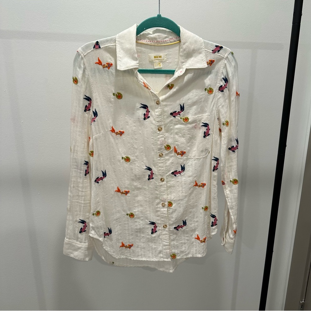 Anthropologie White Shirt with Colorful Embroidery
